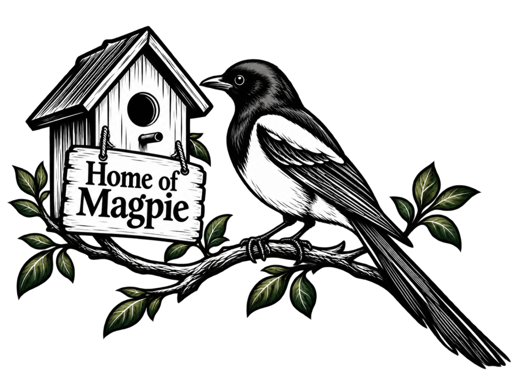 Mirrored magpie birdhouse with sage-green foliage